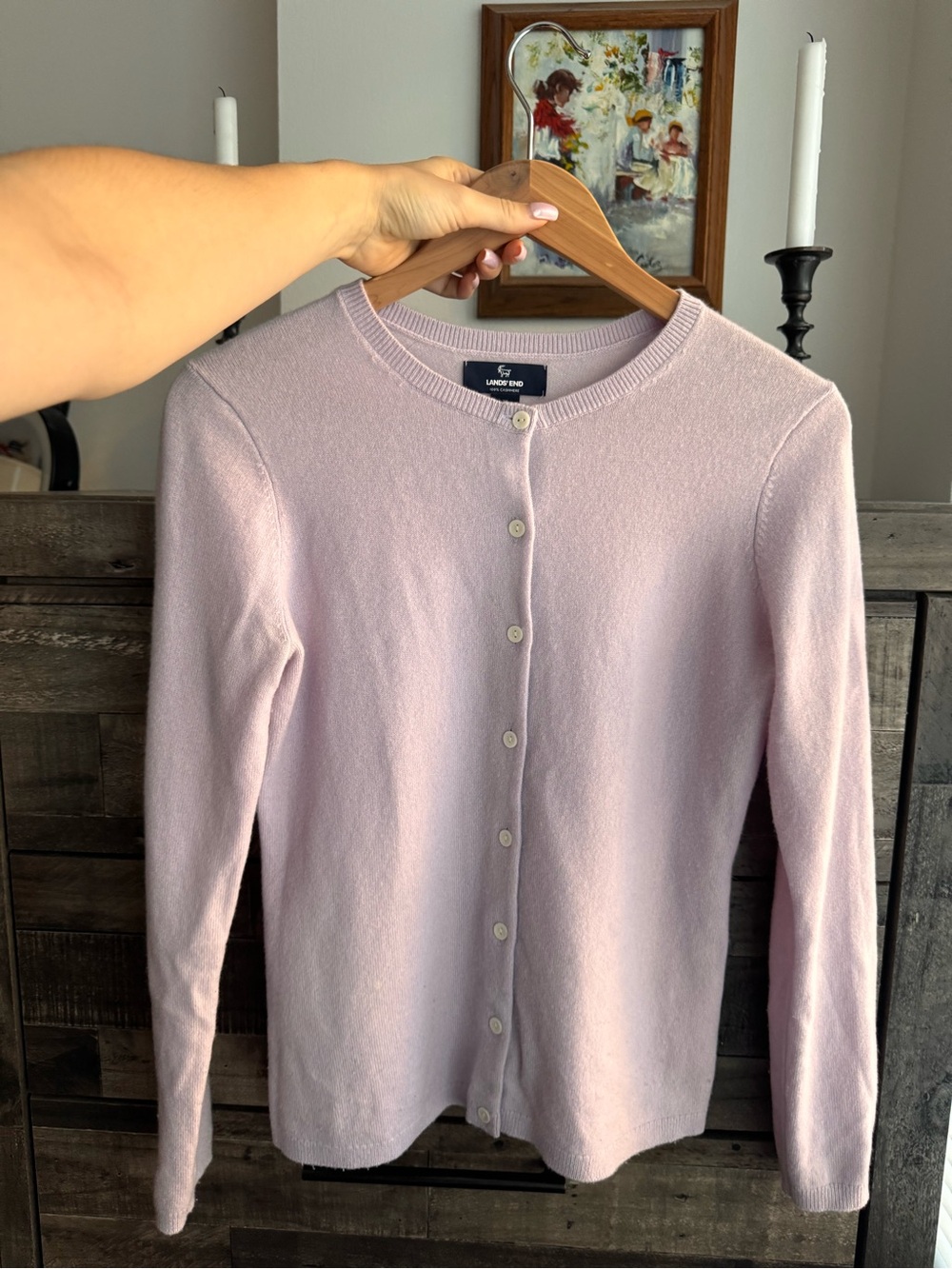 Lands' End 100% Cashmere Button Crewneck Cardigan Sweater Lavender Lilac XS⁠